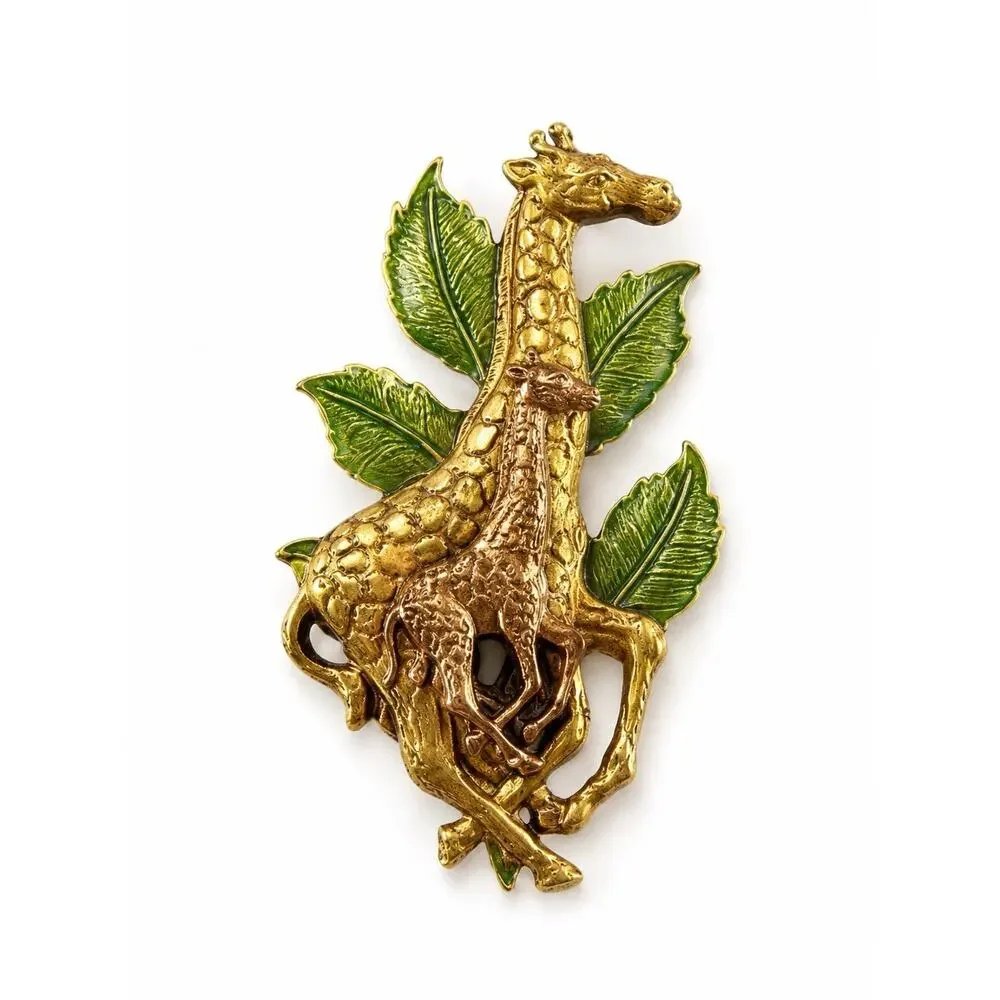 Vintage Giraffe Brooch Pin Mother Baby Safari Gold Tone Green Enamel 3”